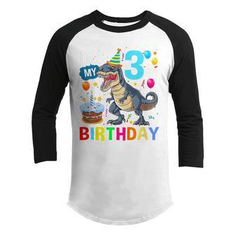 Kids 3 Year Old 3Rd Birthday Boy Dino T Rex Dinosaur Gifts Youth Raglan Shirt - Thegiftio UK