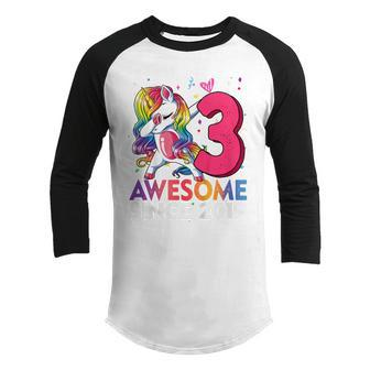 Kids 3 Year Old Awesome Since 2019 Dabbing Unicorn Ns Girls Youth Raglan Shirt - Thegiftio UK