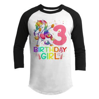 Kids 3 Year Old Dabbing Unicorn 3Rd Birthday Girl Kids Girls Youth Raglan Shirt - Thegiftio UK