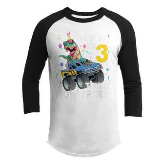 Kids 3 Year Old Dinosaur T Rex Monster Truck 3Rd Birthday Boys Youth Raglan Shirt - Thegiftio UK