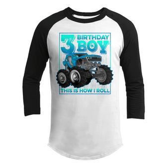Kids 3 Year Old Gift Kids Toddler 3Rd Birthday Boy Monster Truck Youth Raglan Shirt - Thegiftio UK