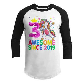 Kids 3 Year Old Gifts Girls Ns Dabbing Unicorn 3Rd Birthday Youth Raglan Shirt - Thegiftio UK