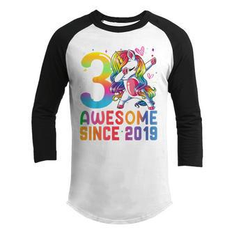 Kids 3 Year Old Girls Awesome Since 2019 Dabbing Unicorn Birthday Youth Raglan Shirt - Thegiftio UK