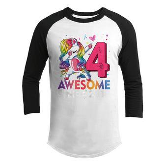 Kids 4 Year Old Awesome Since 2018 Dabbing Unicorn Ns Girls Youth Raglan Shirt - Thegiftio UK