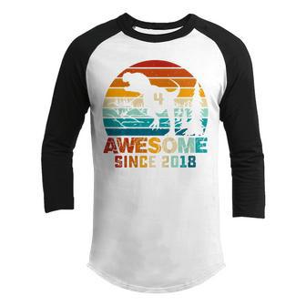 Kids 4 Year Old Boy Dinosaur T Rex Awesome 2018 4Th Birthday Gift Youth Raglan Shirt - Thegiftio UK