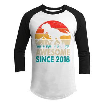 Kids 4 Year Old Boy Dinosaur T Rex Awesome Since 2018 Birthday Youth Raglan Shirt - Thegiftio UK