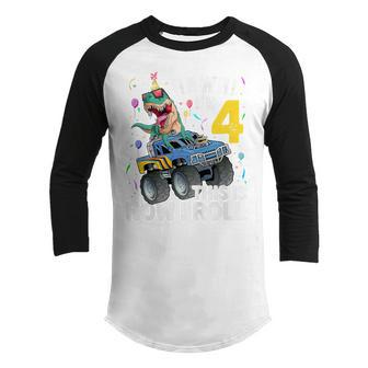 Kids 4 Year Old Dinosaur T Rex Monster Truck 4Th Birthday Boys Youth Raglan Shirt - Thegiftio UK