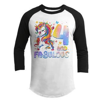 Kids 4 Year Old Gifts 4 And Fabulous 4Th Birthday Unicorn Girl Youth Raglan Shirt - Thegiftio UK