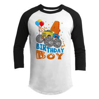 Kids 4 Year Old Gifts 4Th Birthday Boy Son Monster Truck Party Youth Raglan Shirt - Thegiftio UK