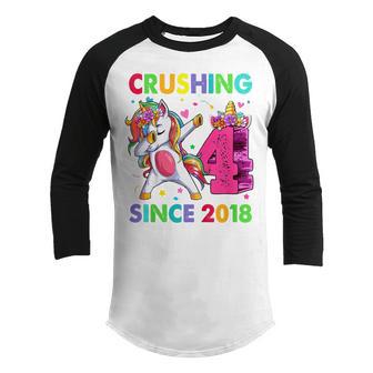Kids 4 Year Old Gifts Girls Ns Dabbing Unicorn 4Th Birthday V2 Youth Raglan Shirt - Thegiftio UK