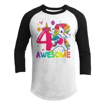 Kids 4 Year Old Gifts Girls Ns Dabbing Unicorn 4Th Birthday V3 Youth Raglan Shirt - Thegiftio UK