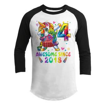 Kids 4 Year Old Gifts Girls Ns Dabbing Unicorn 4Th Birthday V4 Youth Raglan Shirt - Thegiftio UK