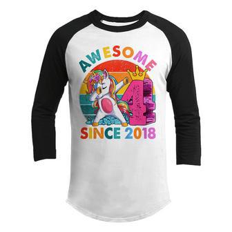 Kids 4 Year Old Gifts Girls Ns Dabbing Unicorn 4Th Birthday V5 Youth Raglan Shirt - Thegiftio UK