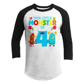 Kids 4 Year Old Gifts This Little Monster Is 4Th Birthday Boy Youth Raglan Shirt - Thegiftio UK