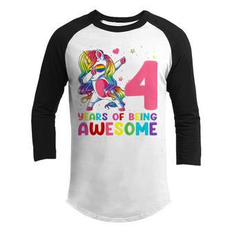 Kids 4 Years Old Gifts Awesome Unicorn Dabbing 4Th Birthday Girl Youth Raglan Shirt - Thegiftio UK