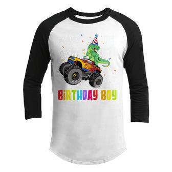 Kids 4 Years Old T Rex Dinosaur Monster Truck 4Th Birthday Boys Youth Raglan Shirt - Thegiftio UK