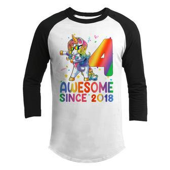 Kids 4Th Birthday 4 Year Old Gifts Girls Ns Dabbing Unicorn Youth Raglan Shirt - Thegiftio UK