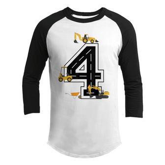 Kids 4Th Birthday Crane Excavator Truck 4 Year Old Diggers Youth Raglan Shirt - Thegiftio UK