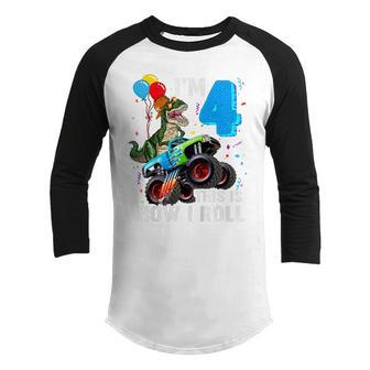 Kids 4Th Birthday Im 4 This Is How I Roll Dinosaur Monster Truck Youth Raglan Shirt - Thegiftio UK