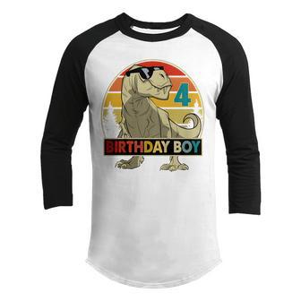 Kids 4Th Birthday T Rex Dino Dinosaur 4 Year Old Gift Boys Youth Raglan Shirt - Thegiftio UK