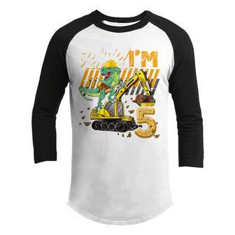 Kids 5 Year Old Dinosaur Construction Excavator 5Th Birthday Boys Youth Raglan Shirt - Thegiftio UK