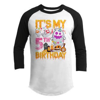 Kids 5 Year Old Gift 5Th Birthday Ghost Pumpkin Halloween Costume Youth Raglan Shirt - Thegiftio UK