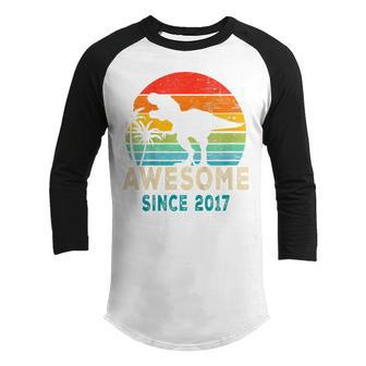 Kids 5 Year Old Gift Dinosaur Awesome Since 2017 5Th Birthday V2 Youth Raglan Shirt - Thegiftio UK