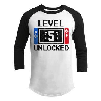 Kids 5 Year Old Gift Level 5 Unlocked Video Gamer 5Th Birthday Youth Raglan Shirt - Thegiftio UK