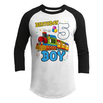 Kids 5 Year Old Gifts 5Th Birthday Boy Train Funny For Son Ns Youth Raglan Shirt - Thegiftio UK