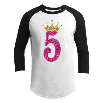 Kids 5 Year Old Gifts 5Th Birthday Girl Golden Crown Party Youth Raglan Shirt - Thegiftio UK