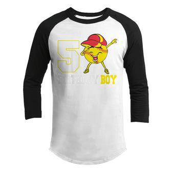 Kids 5 Year Old Gifts Dabbing Softball 5Th Birthday Boy Ns Youth Raglan Shirt - Thegiftio UK