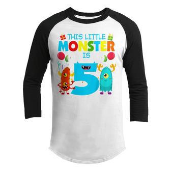 Kids 5 Year Old Gifts This Little Monster Is 5Th Birthday Boy Youth Raglan Shirt - Thegiftio UK