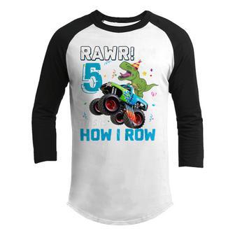 Kids 5 Year Old Rawr Im 5Th Birthday Monster Truck Dinosaur Youth Raglan Shirt - Thegiftio UK
