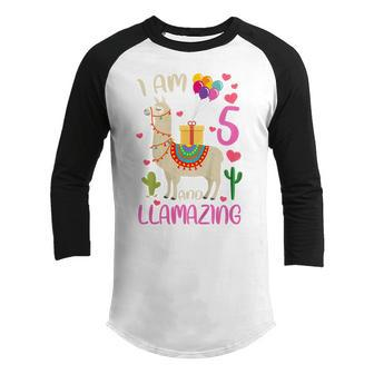 Kids 5Th Birthday I Am 5 Years Old And Llamazing Llama Girl Ns Youth Raglan Shirt - Thegiftio UK