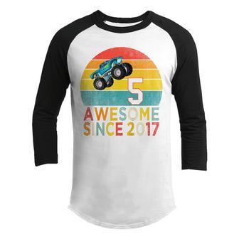 Kids 5Th Birthday Monster Truck Lover 5 Years Old Vintage Retro Youth Raglan Shirt - Thegiftio UK
