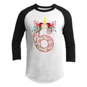 Kids 6 Year Old Gifts 6Th Birthday Girls Unicorn Face Flower Youth Raglan Shirt - Thegiftio UK