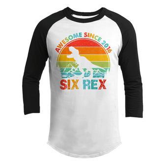 Kids 6 Years Old T Rex Dinosaur Awesome Since 2016 6Th Birthday Youth Raglan Shirt - Thegiftio UK