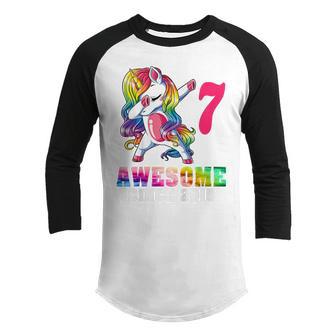 Kids 7 Year Old 7Th Birthday Awesome Since 2015 Dabbing Unicorn Youth Raglan Shirt - Thegiftio UK