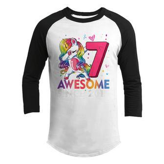 Kids 7 Year Old Awesome Since 2015 Dabbing Unicorn Ns Girls Youth Raglan Shirt - Thegiftio UK