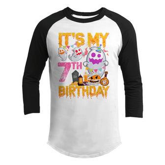 Kids 7 Year Old Gift 7Th Birthday Ghost Pumpkin Halloween Costume Youth Raglan Shirt - Thegiftio UK