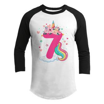 Kids 7 Year Old Gifts 7Th Birthday Girls Kids Unicorn Face Flower Youth Raglan Shirt - Thegiftio UK