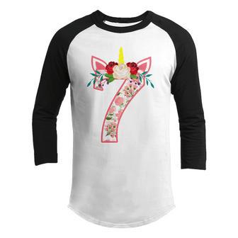 Kids 7 Year Old Gifts 7Th Birthday Girls Unicorn Face Flower Youth Raglan Shirt - Thegiftio UK