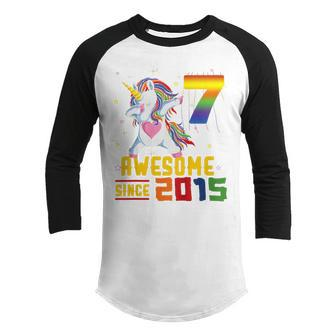 Kids 7Th Birthday Unicorn Dabbing 7 Years Old Gifts Girls Party Youth Raglan Shirt - Thegiftio UK