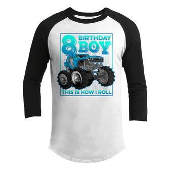 Kids 8 Year Old 8Th Birthday Boy Kid Gift Monster Truck Car Youth Raglan Shirt - Thegiftio UK