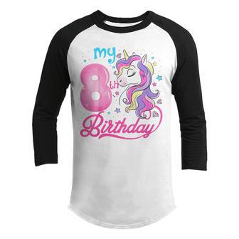 Kids 8 Years Old Unicorn Face 8Th Birthday Girl Unicorn Party Youth Raglan Shirt - Thegiftio UK