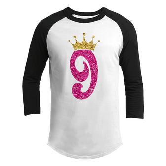 Kids 9 Year Old Gifts 9Th Birthday Girl Golden Crown Party Youth Raglan Shirt - Thegiftio UK