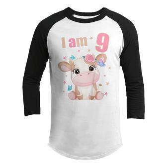 Kids 9 Years Old 9 Birthday Outfit Boy Girl Cute Cows Cow Youth Raglan Shirt - Thegiftio UK