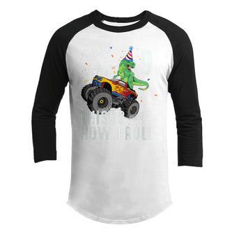 Kids 9 Years Old T Rex Dinosaur Monster Truck 9Th Birthday Boys Youth Raglan Shirt - Thegiftio UK