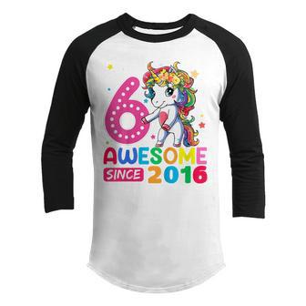 Kids Awesome Since 2016 Flossing Unicorn 6Th Birthday 6 Years Old Youth Raglan Shirt - Thegiftio UK