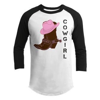 Kids Cowgirl Western Boots Hat Spurs Girls Youth Child Youth Raglan Shirt - Thegiftio UK